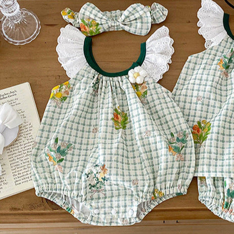 Summer Girls Plaid And Flowers Pattern Sleeveless Hollow Out Lace Strap Onesies, MyKids-USA®, Baby & Toddler Outfits, MyKids-USA - - - - - - -