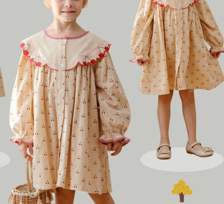 Arrival Autumn Girls Cherry Pattern Single Breasted Long Sleeves Dress with Embroidery Collar, MyKids-USA®, Baby & Toddler Dresses, MyKids-USA - - - - - - - .