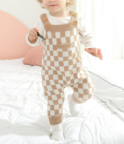 Baby Checkerboard Pattern Strap Design Knit Spring Autumn Rompers