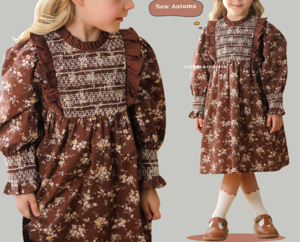 Design Autumn Girls Vintage Floral Long Puff Sleeves Ruffle Neck Dress, MyKids-USA®, Baby & Toddler Dresses, MyKids-USA - - - - - - - .