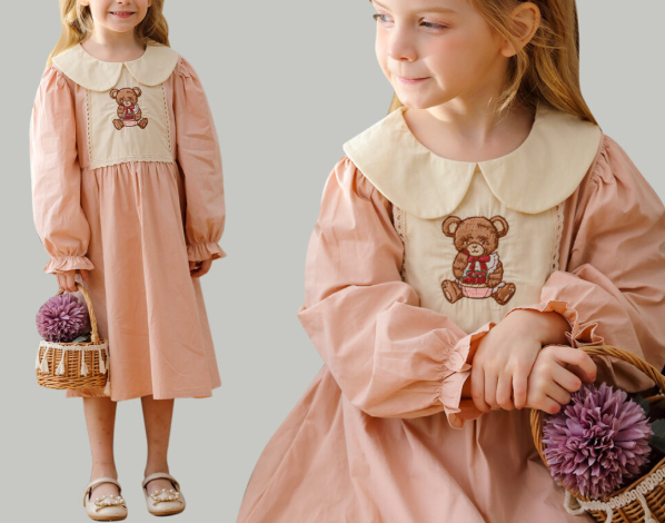 Arrival Autumn Girls Pink Long Sleeves Dress with Teddy Embroidery Pattern, MyKids-USA®, Baby & Toddler Dresses, MyKids-USA - - - - - - - .