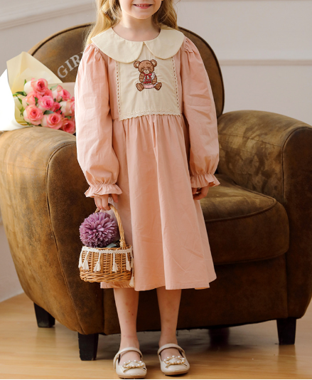 Arrival Autumn Girls Pink Long Sleeves Dress with Teddy Embroidery Pat Arrival Autumn Girls Pink Long Sleeves Dress with Teddy Embroidery Pat