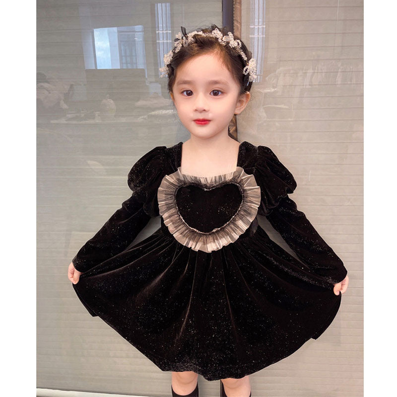 Baby Girls Heart Shape Ruffle Square Neck Long Sleeved Black Princess Dress - 90 (12-24M) / Black Baby Girls Heart Shape Ruffle Square Neck Long Sleeved Black Princess Dress - 90 (12-24M) / Black