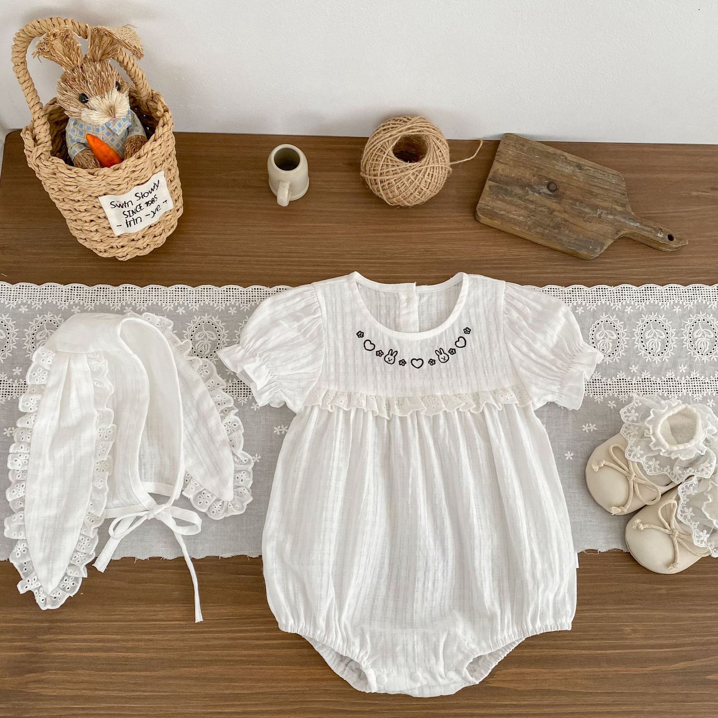 Summer Arrival Baby Girls Short Sleeves Embroidered Pattern Bodysuit with Hat, MyKids-USA®, Baby & Children's One-Pieces, MyKids-USA - - - - - - - .