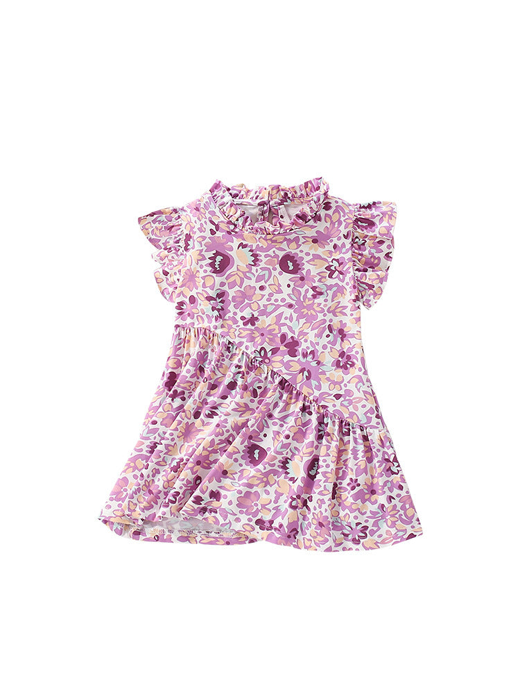 Summer Arrival Purple Flowers Pattern Fly Sleeves Ruffle Neck Dress for Stylish Girls, MyKids-USA®, Baby & Toddler Dresses, MyKids-USA - - - - - - -