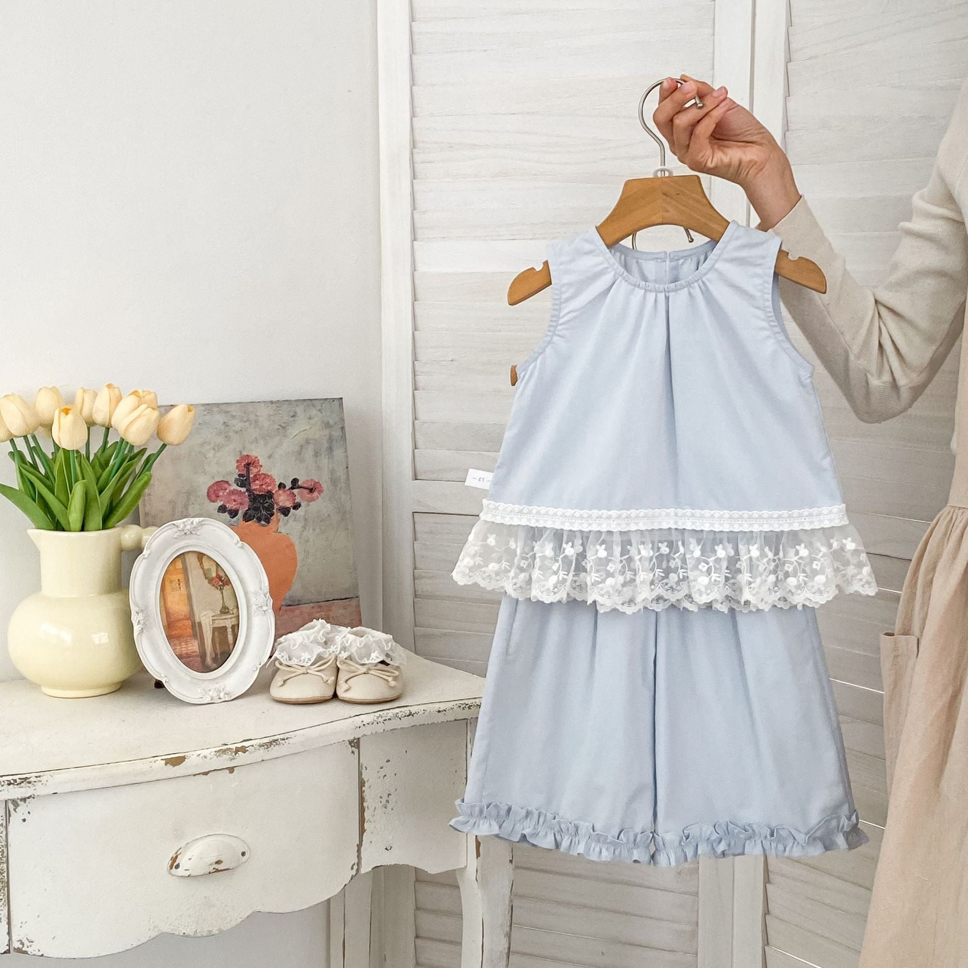 summer infant usa Summer Baby Kids Girls Sleeveless Lace Trim Vest and Plain Pants Clothing Set