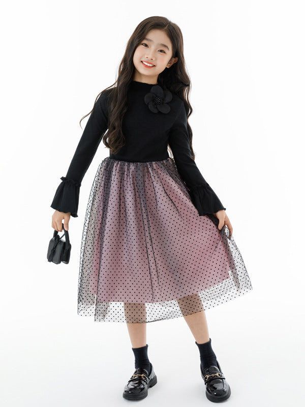 Autumn Arrival Long Sleeves Color Patchwork Dots Pattern Tulle Dress for Stylish Girls