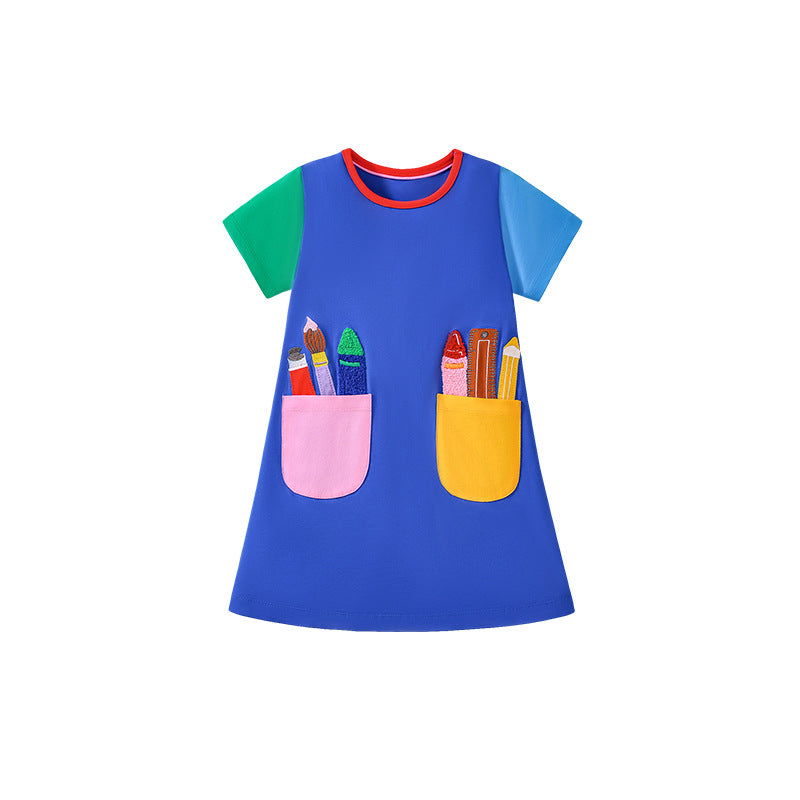 Summer New Arrival Pencils Pattern Short Sleeves Pocketed Dress for Stylish Girls, MyKids-USA®, Baby & Toddler Dresses, MyKids-USA - - - - - - -