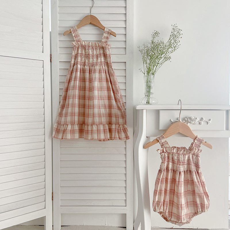 Summer Baby Girls French-style Plaid Sleeveless Onesies and Dress – Princess Sister Matching Set, MyKids-USA®, Baby & Toddler Dresses, MyKids-USA - - - - - - -