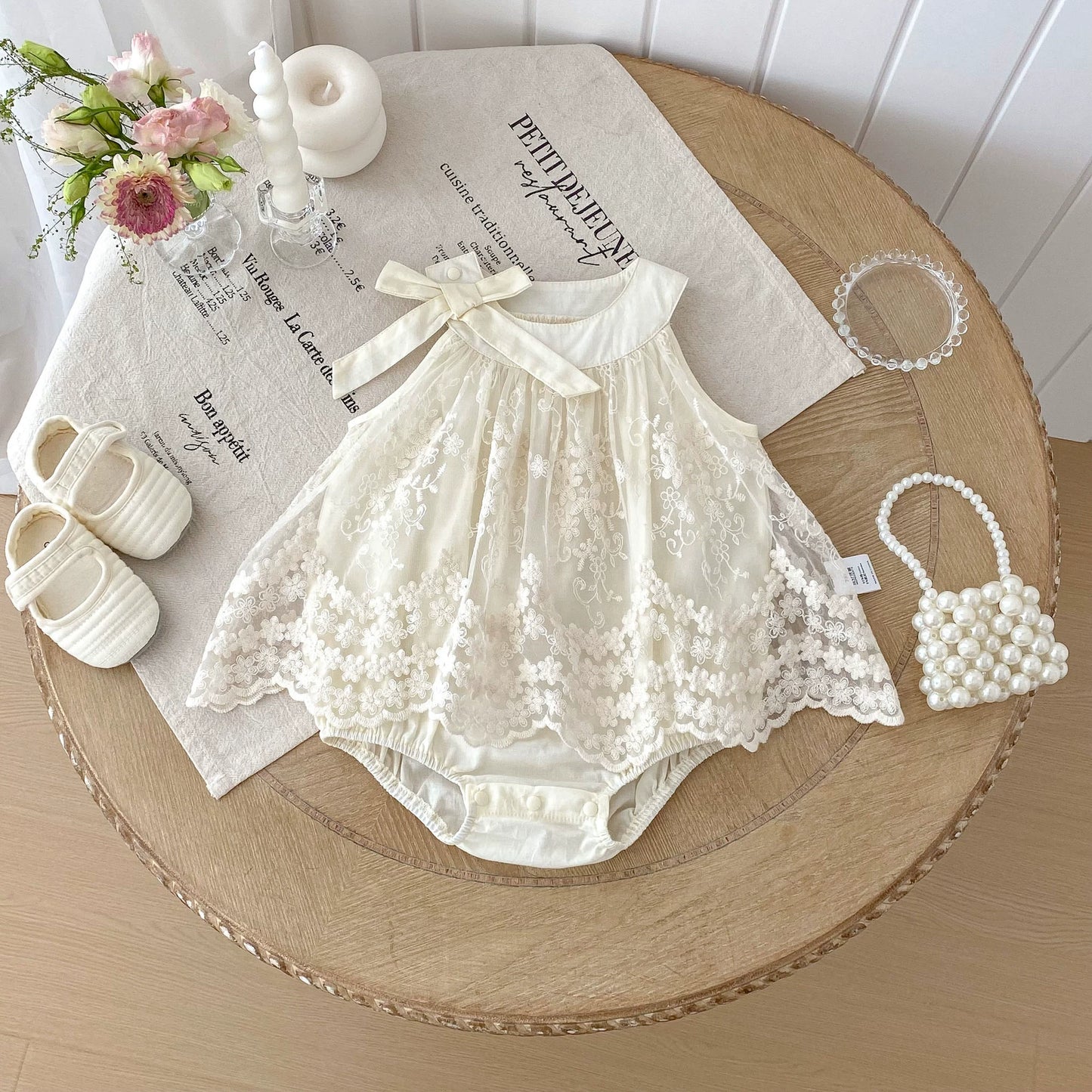 Summer Arrival Baby Girls Sleeveless Solid Color Tulle Decorated Onesies with Embroidery Pattern, MyKids-USA®, Baby One-Pieces, MyKids-USA - - - - - - -
