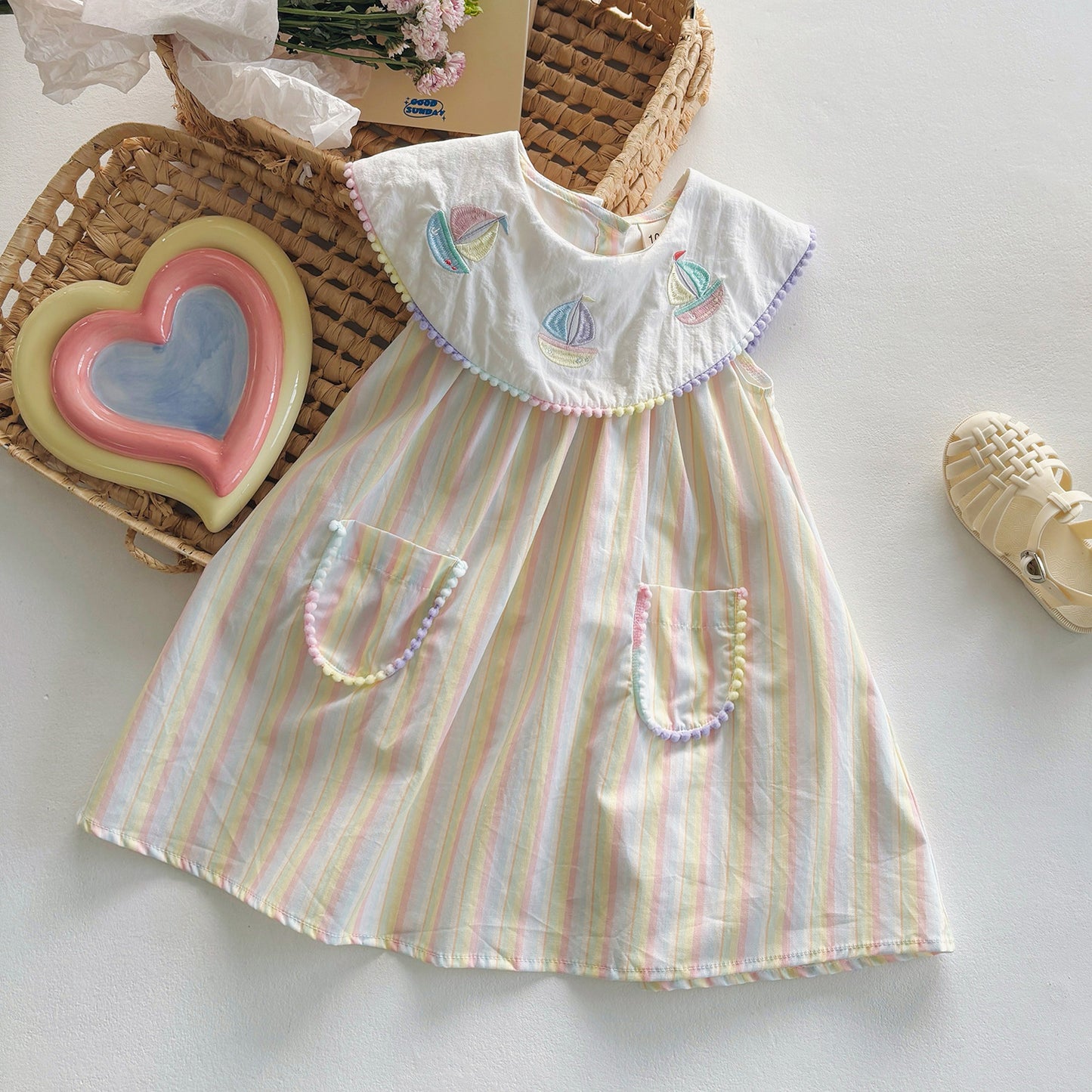 Summer Arrival Baby Kids Girls Sleeveless Boats Pattern Embroidered Striped Dress, MyKids-USA®, Baby & Toddler Dresses, MyKids-USA - - - - - - -