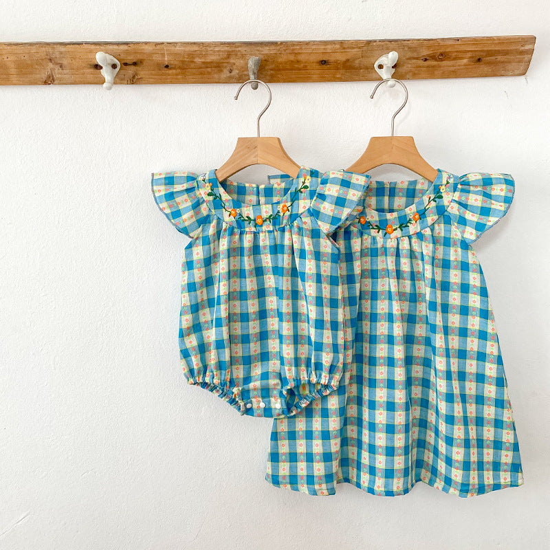 Summer Baby Girls French-style Flowers Pattern Fly-sleeved Plaid Onesies and Dress – Princess Sister Matching Set, MyKids-USA®, Baby & Toddler Outfits, MyKids-USA - - - - - - -