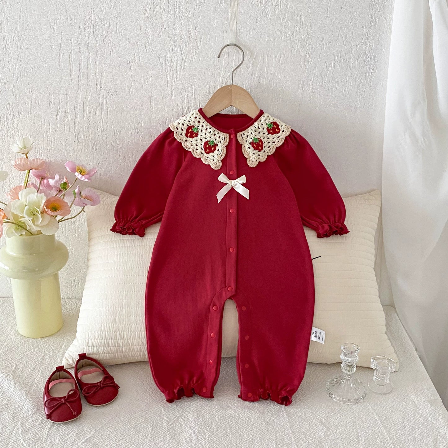 Autumn Arrival Baby Girls Long Sleeves Strawberry Embroidered Pattern Single Breasted Rompers, MyKids-USA®, Baby One-Pieces, MyKids-USA - - - - - - -