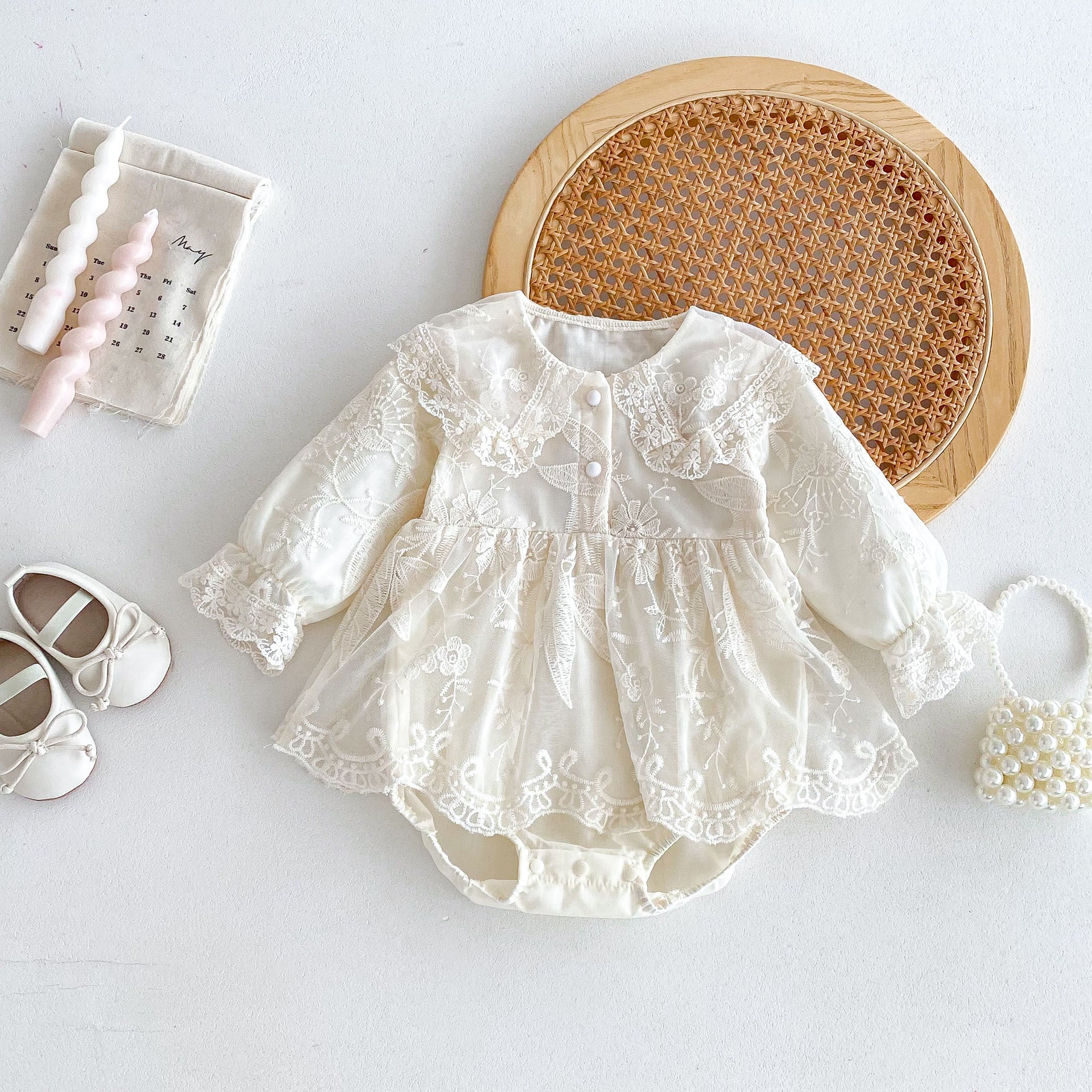Autumn Arrival Baby Girls Long Sleeves Beige Embroidery bodysuit Dress MyKids-USA Autumn Arrival Baby Girls Long Sleeves Beige Embroidery bodysuit Dress MyKids-USA