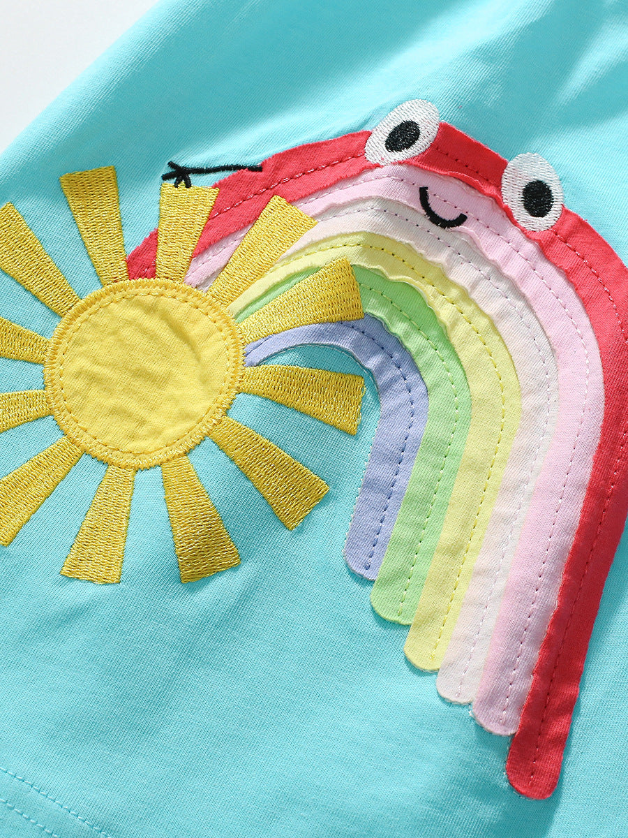 Summer Pure Cotton Cartoon Rainbow Pattern Short Sleeves Dress for Stylish Girls, MyKids-USA®, Baby & Toddler Dresses, MyKids-USA - - - - - - -
