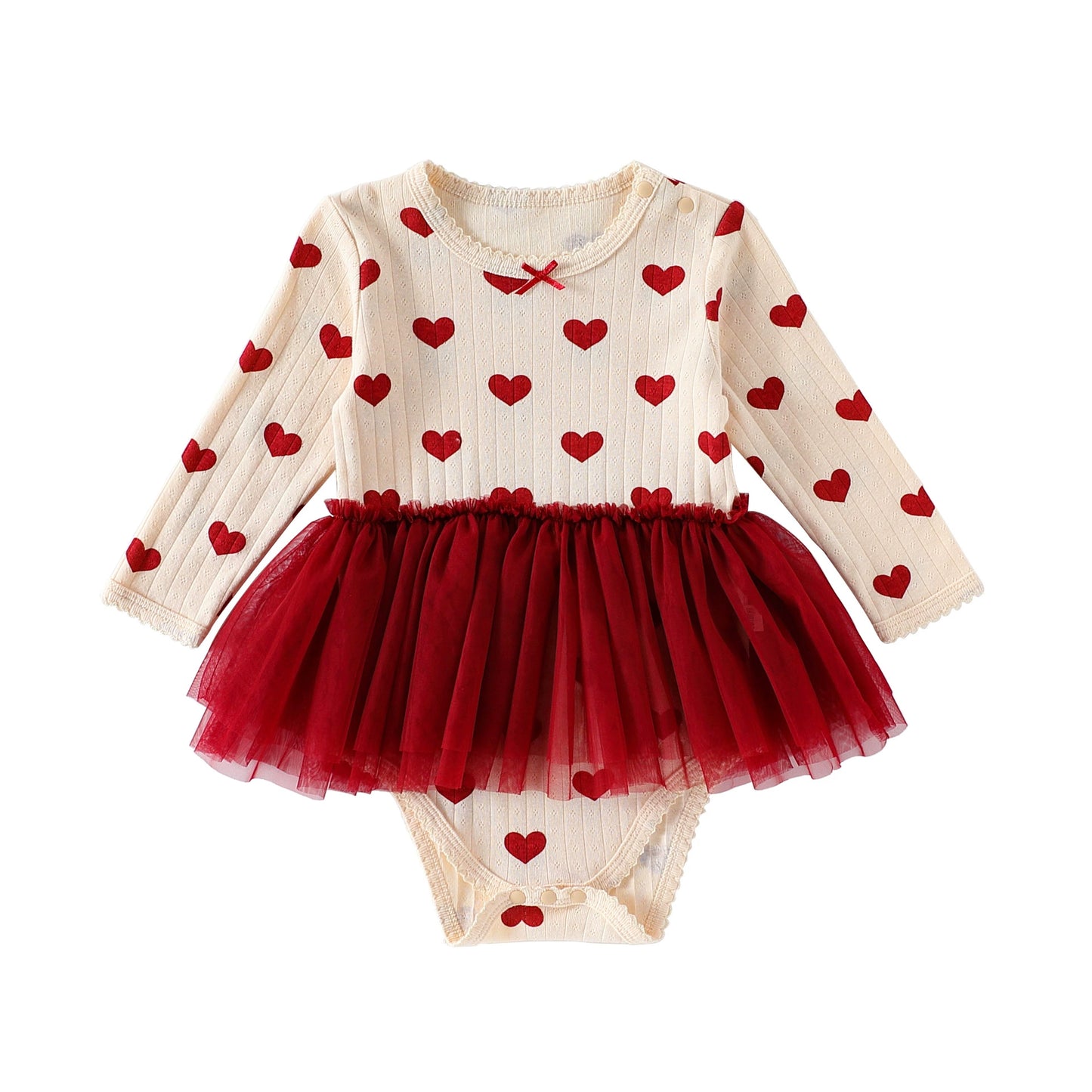 Autumn Arrival Baby Girls Long Sleeves Hearts Pattern Tulle Decorated Onesies, MyKids-USA®, Bodysuits, MyKids-USA - Size/Age - 66 (3-6M) - Color - Red - - - TR2508272312-C