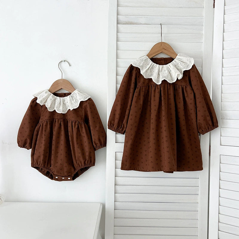 Autumn Baby Girls French Style Vintage Flowers Pattern Long-sleeved Onesies and Dress – Princess Sister Matching Set, MyKids-USA®, Baby & Toddler Dresses, MyKids-USA - - - - - - -