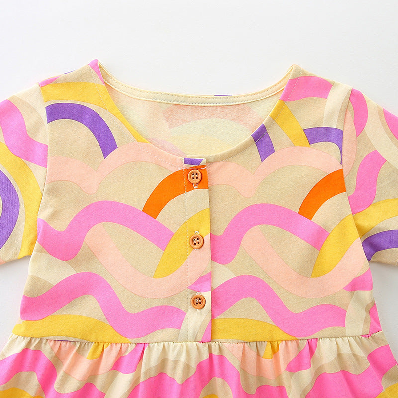 Summer Pure Cotton Waves Pattern Short Sleeves Dress for Stylish Girls, MyKids-USA®, Baby & Toddler Dresses, MyKids-USA - - - - - - -