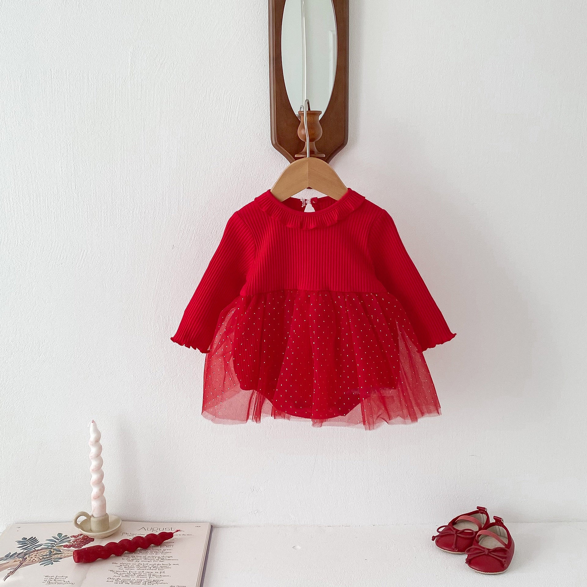 Spring Design Baby Red Long Sleeves Mesh bodysuit Dress For Girls MyKids-USA Spring Design Baby Red Long Sleeves Mesh bodysuit Dress For Girls MyKids-USA