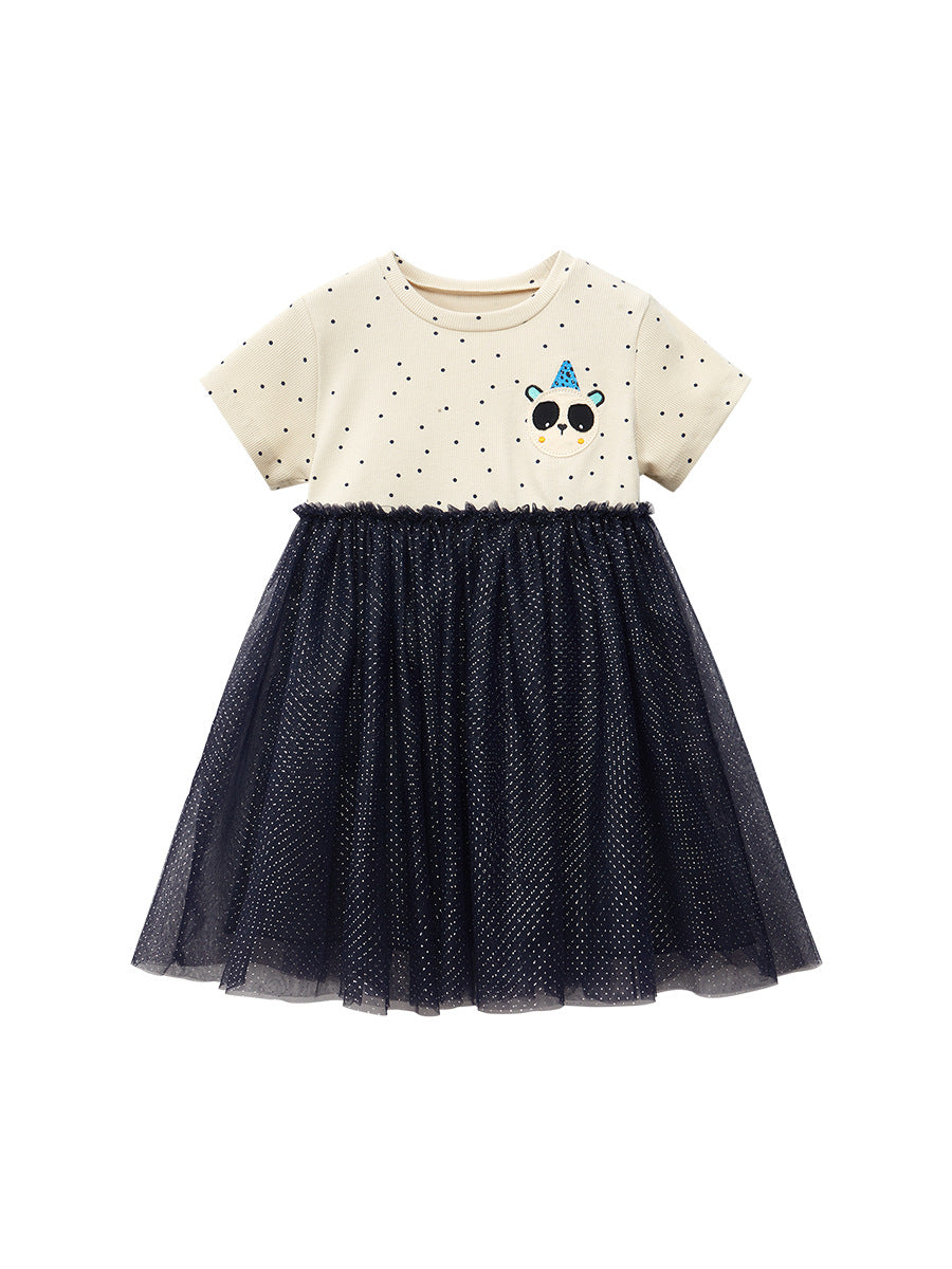Spring and Summer Baby Girls Short Sleeves Panda Cartoon Polka Dots Chiffon Dress 120 (5-7Y) / Black Spring and Summer Baby Girls Short Sleeves Panda Cartoon Polka Dots Chiffon Dress 120 (5-7Y) / Black