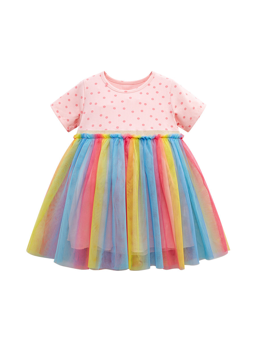 Spring And Summer Baby Girls Short Sleeves Polka Dots Rainbow