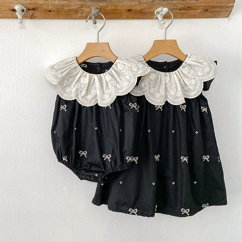 Summer Baby Girls French-style Flowers Pattern Collar Sleeveless Butterfly-bows Embroidered Onesies and Dress – Princess Sister Matching Set, MyKids-USA®, Baby & Toddler Dresses, MyKids-USA - - - - - - -