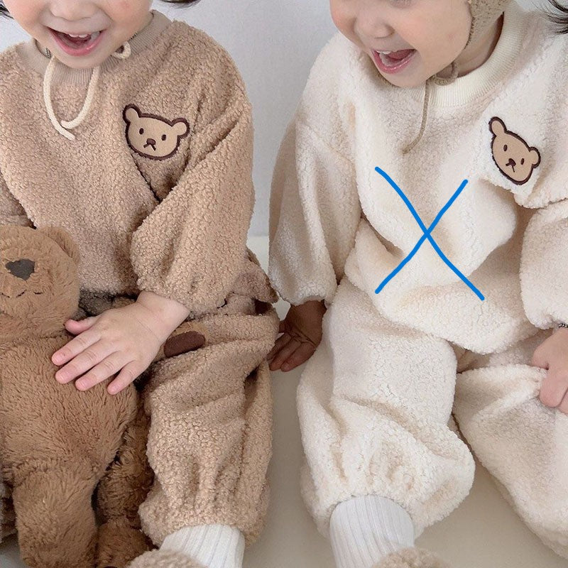 Winter Baby Kids Unisex Long Sleeves Casual Fluffy Teddy Bear Pattern Pullover and Pants Clothing Set