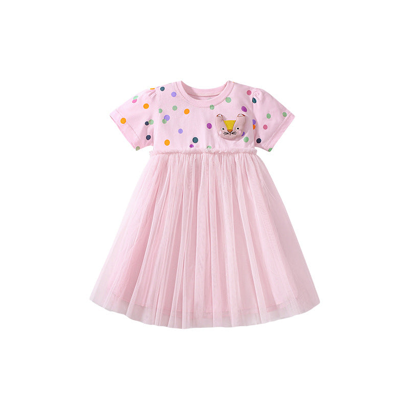 Summer Arrival Polka Dots Pattern Short Sleeves Tulle Patchwork Dress for Stylish Girls, MyKids-USA®, Baby & Toddler Dresses, MyKids-USA - - - - - - -