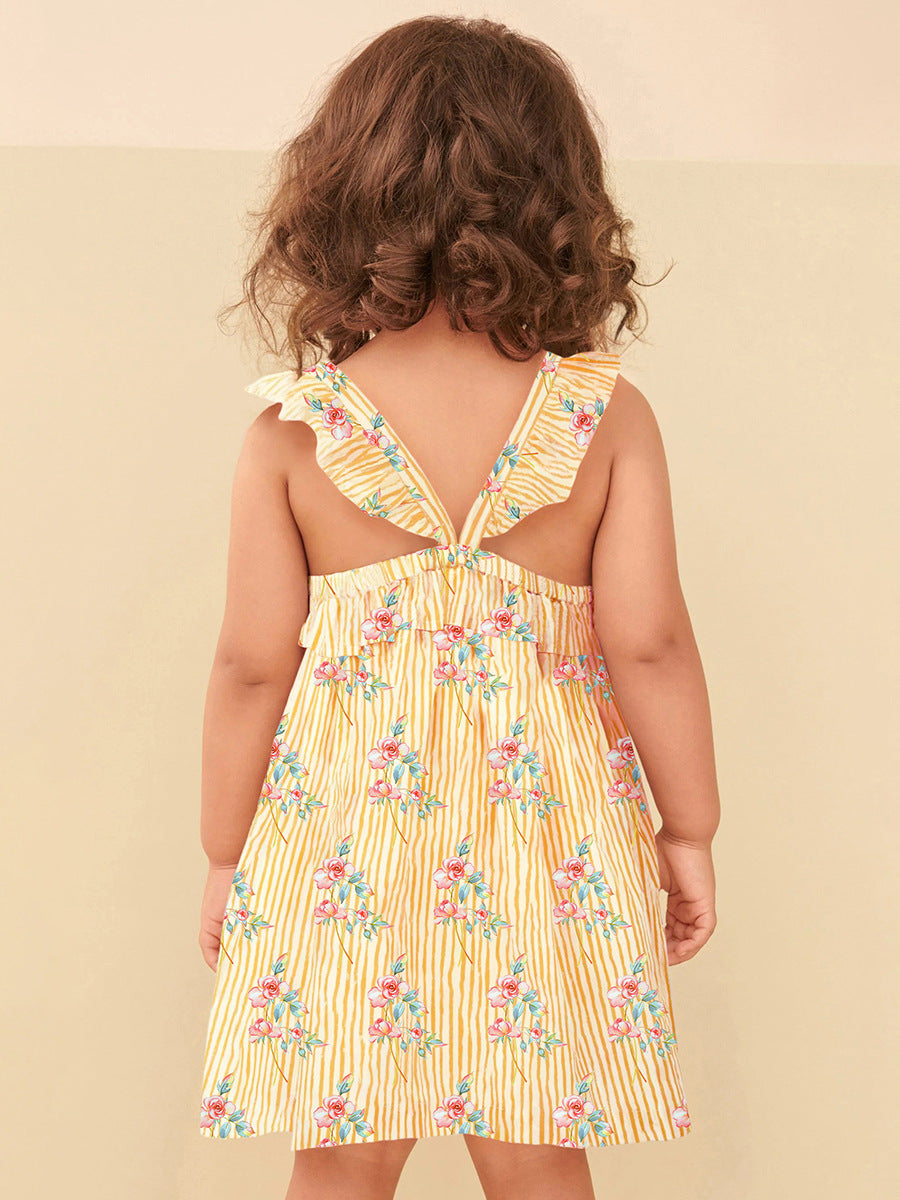 Design Summer Girls Sleeveless Flowers Print Yellow Striped Strap Dress, MyKids-USA®, Baby & Toddler Dresses, MyKids-USA - - - - - - -