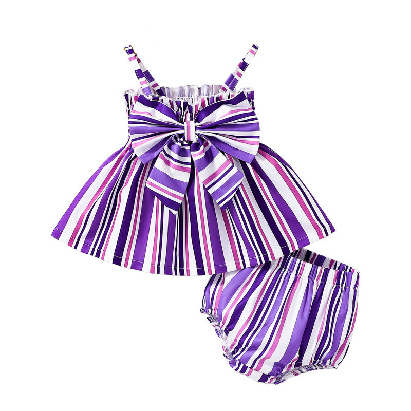 Design Summer Baby Kids Girls Sleeveless Striped Pattern Dress with Bloomers Set