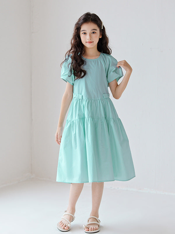 Hot Selling Summer Kids Girls Simple Style Solid Color Plain Cotton Short Sleeves Green Dress - 120 (5-7Y) / Green Hot Selling Summer Kids Girls Simple Style Solid Color Plain Cotton Short Sleeves Green Dress - 120 (5-7Y) / Green