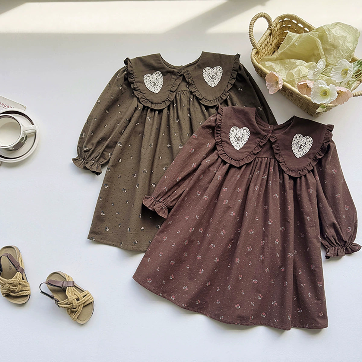 Arrival Autumn Girls Hearts Embroidery and Floral Printed Pattern Long Sleeves Dress, MyKids-USA®, Baby & Toddler Dresses, MyKids-USA - - - - - - -