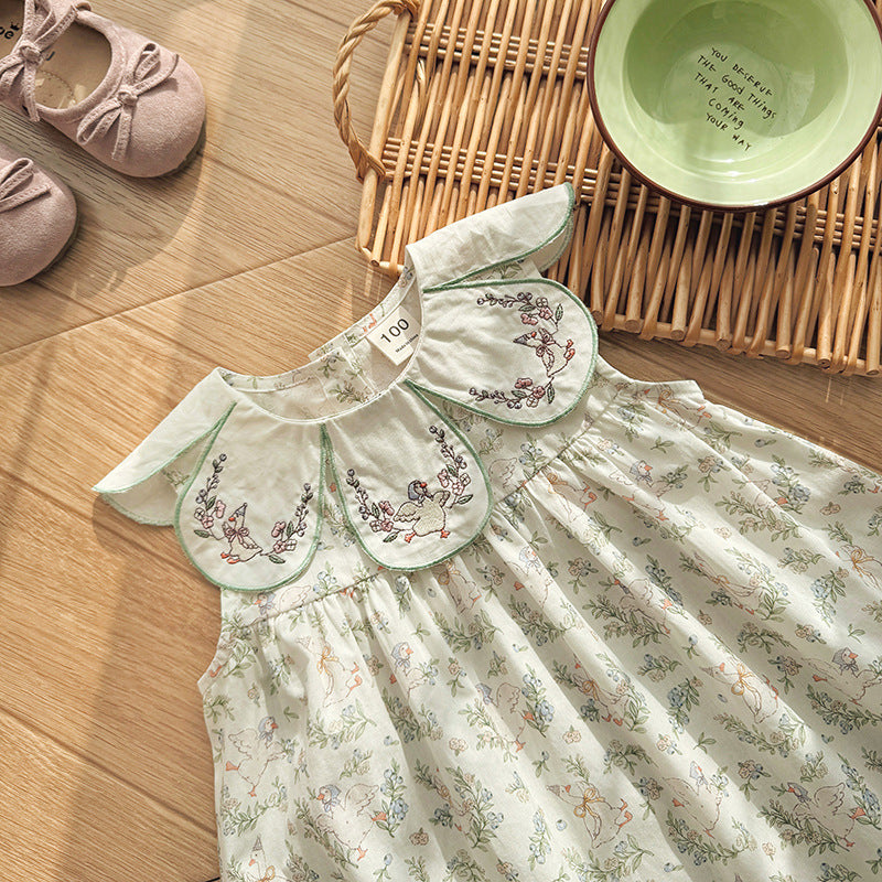 Summer Arrival Baby Girls Sleeveless Flowers Pattern Embroidered Collar Dress, MyKids-USA®, Baby & Children's Dresses, MyKids-USA - - - - - - - .
