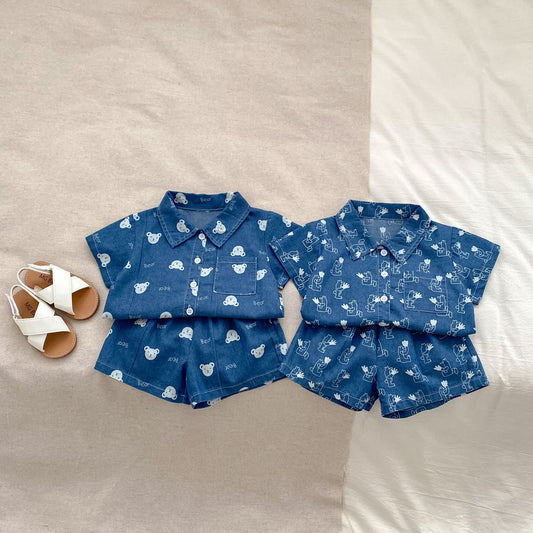 Summer Baby Kids Boys Abstract Cartoon Pattern Denim Turn-Down Collar Shirt And Shorts Clothing Set