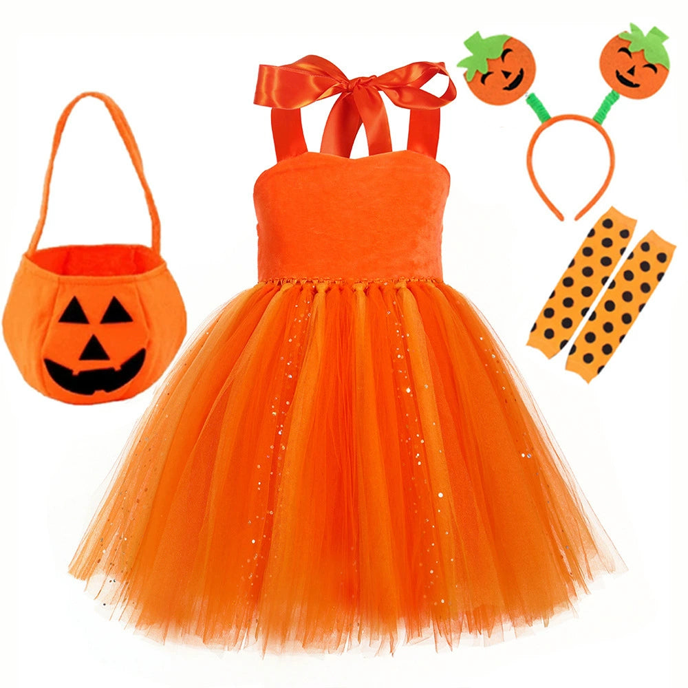 Arrival Girls’ Halloween Pumpkin Pattern Dress – Princess Cosplay Costume Set Party, and Stage Performance, MyKids-USA®, Costume Dresses, MyKids-USA - Size/Age - S (1-2Y) - Color - Orange - - - TR2508202028-E