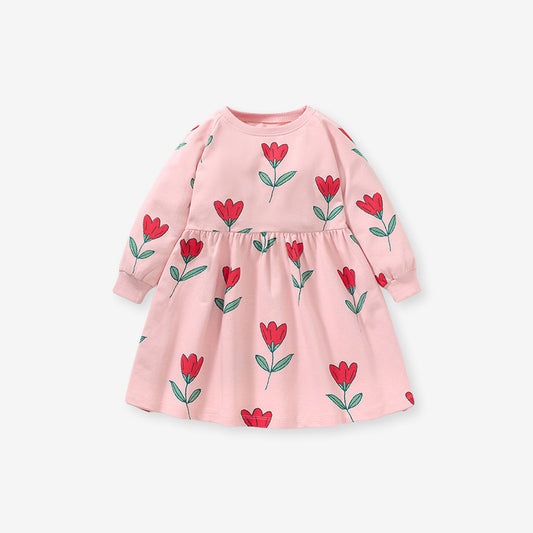 Spring Grils Baby Kids Long Sleeve Floral Pink Princess Dress
