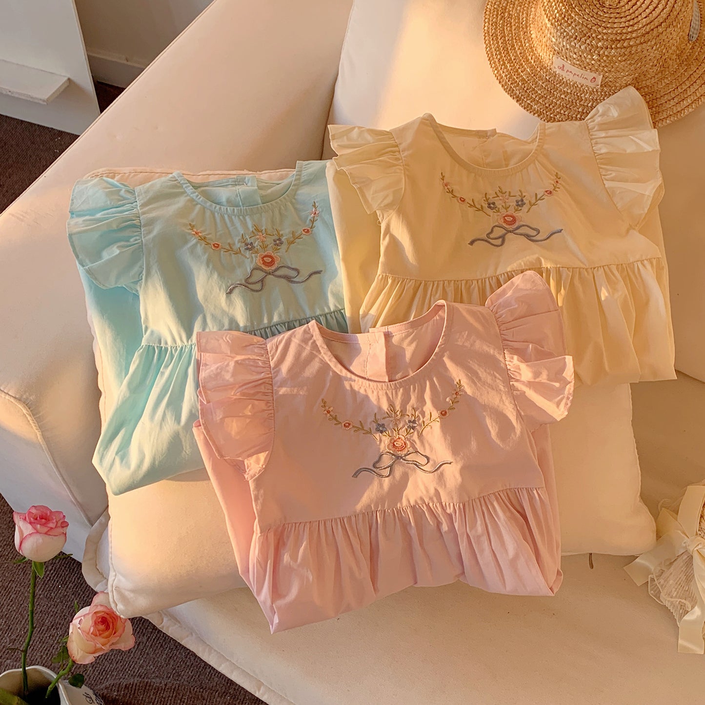 Summer Baby Kids Girls French Fly Sleeves Floral Pattern Embroidered Dress, MyKids-USA®, Baby & Toddler Dresses, MyKids-USA - - - - - - -