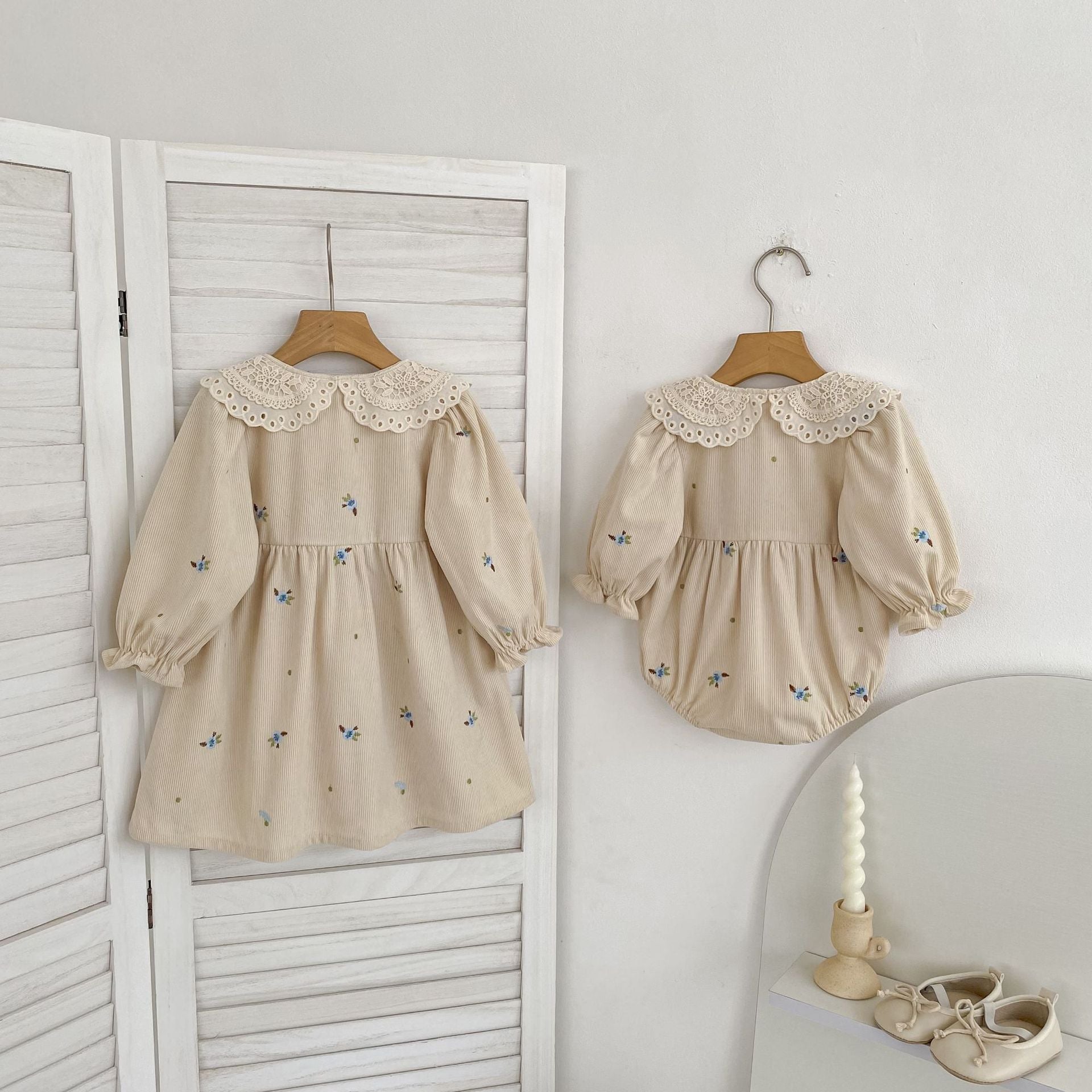 Autumn Hot Selling Baby Kids Girls Flowers Embroidered Pattern Long-sleeved bodysuit and Dress – Princess Sister Matching Set 73 (6-9M) / Apricot