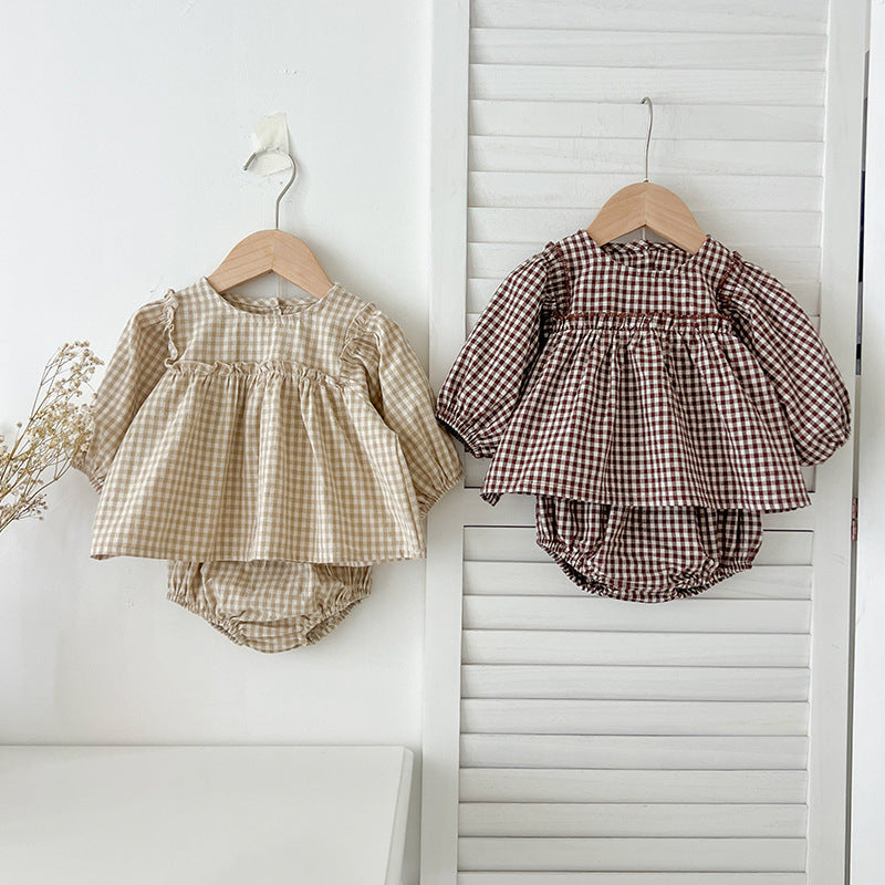 MyKids-USA Autumn Hot Selling Baby Girls Long Sleeves Plaid Top Dress And Bloomer Clothing Set Brown 66 (3-6M) MyKids-USA Autumn Hot Selling Baby Girls Long Sleeves Plaid Top Dress And Bloomer Clothing Set Brown 66 (3-6M)