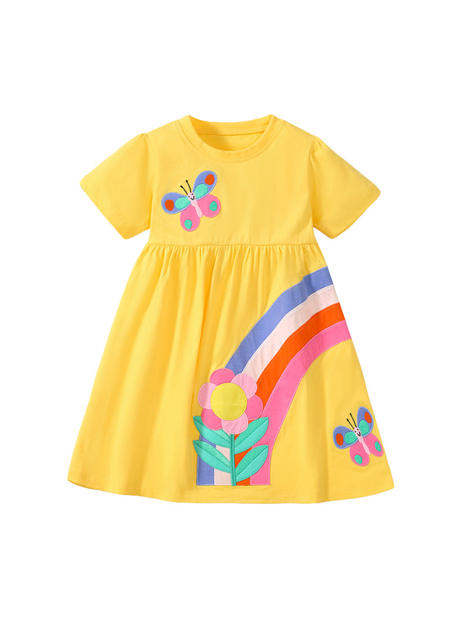 Spring And Summer Baby Girls Short Sleeves Rainbow Butterfly Floral Dress 100 (2-3Y) / Yellow Spring And Summer Baby Girls Short Sleeves Rainbow Butterfly Floral Dress 100 (2-3Y) / Yellow