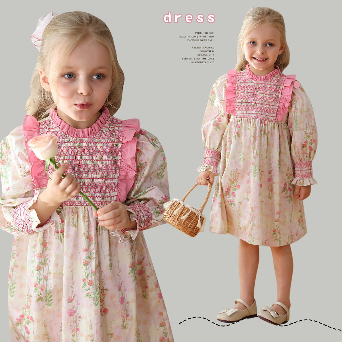 Design Autumn Girls Fashion Floral Long Puff Sleeves Ruffle Neck Dress, MyKids-USA®, Baby & Toddler Dresses, MyKids-USA - - - - - - -