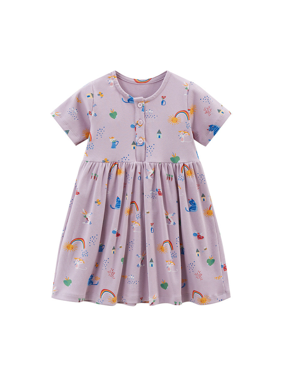 animal print dress for toddler Spring And Summer Baby Girls Short Sleeves Rainbow Animals Floral Cartoon Print Dress