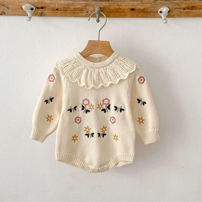 Autumn Arrival Baby Girls Knitted Long Sleeves Flowers Embroidered Pattern Onesies, MyKids-USA®, Baby One-Pieces, MyKids-USA - - - - - - -