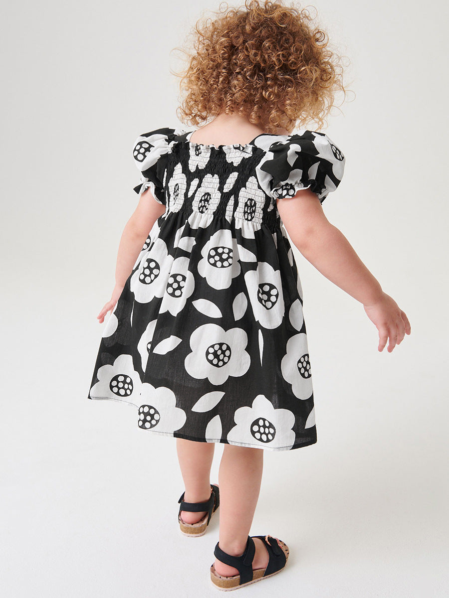 Baby Girls Square Neck Short Sleeves Black Floral Dress, MyKids-USA®, Baby & Toddler Dresses, MyKids-USA - - - - - - - .