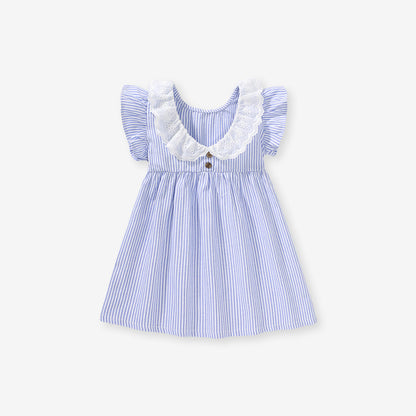 Spring And Summer Baby Girls Ruffle Collar Short Sleeves Striped Dress