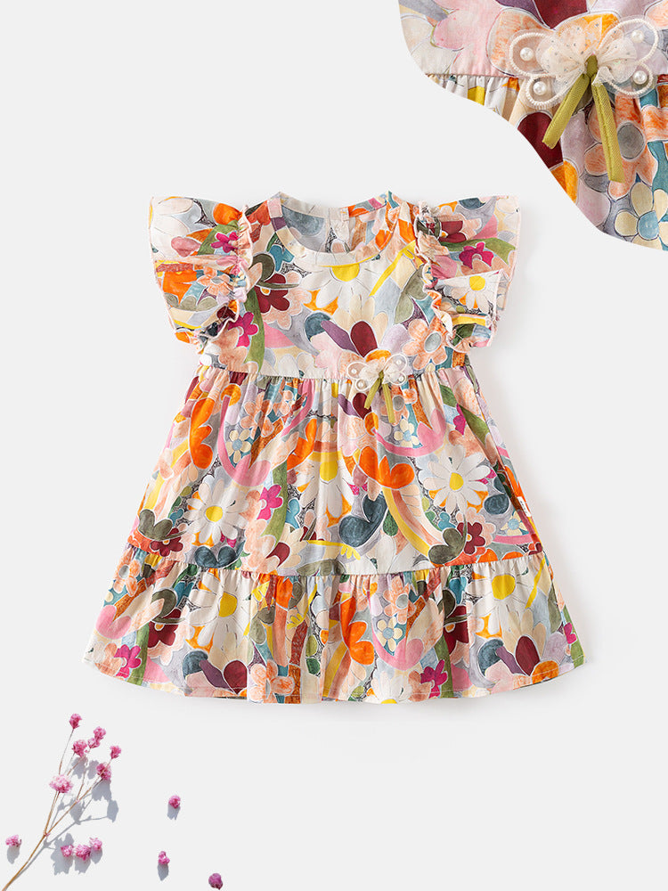 Baby Girls Floral Print Crew Neck Fly Sleeves Dress In Summer, MyKids-USA®, Baby & Toddler Dresses, MyKids-USA - - - - - - -