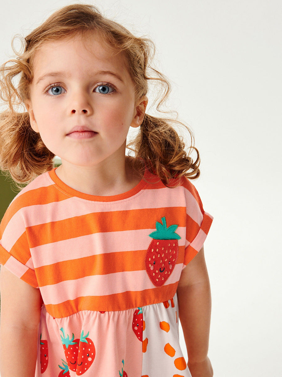 Summer Arrival Girls Short Sleeves Striped Strawberry Print Dress, MyKids-USA®, Baby & Toddler Dresses, MyKids-USA - - - - - - -