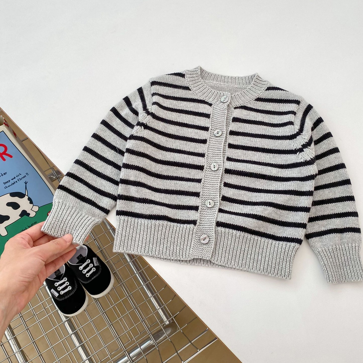 Autumn Striped Pattern Knitted Overalls Combo Cardigan Sets