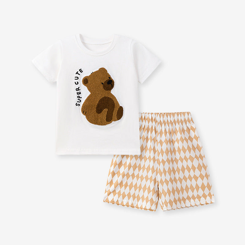 summer infant bear Summer Hot Selling Baby Kids Girls Short Sleeves Teddy Bear Pattern T-shirt and Argyle Shorts Clothing Set