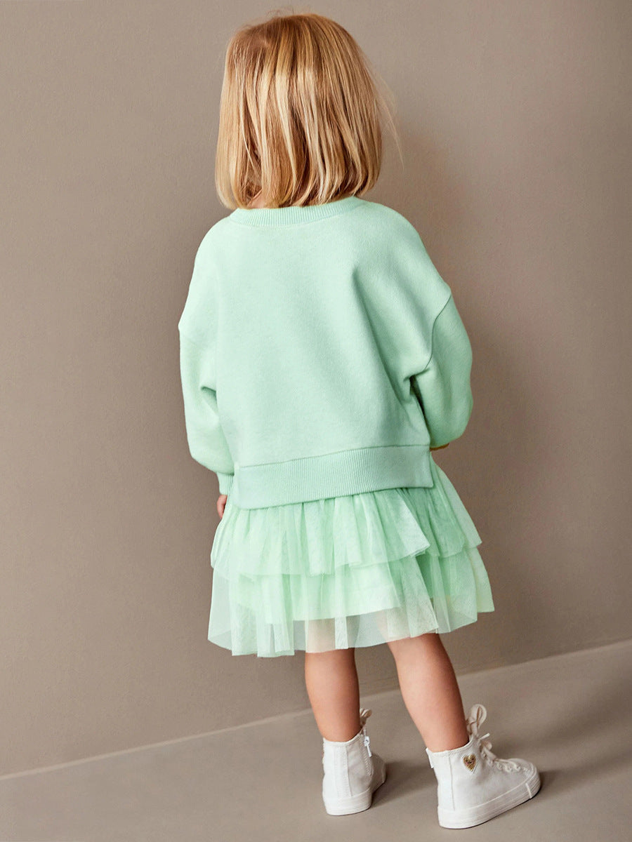 Design Autumn Girls Geometric Print Crew Neck Long Sleeves Green Tulle Patchwork Princess Dress, MyKids-USA®, Baby & Toddler Dresses, MyKids-USA - - - - - - - .